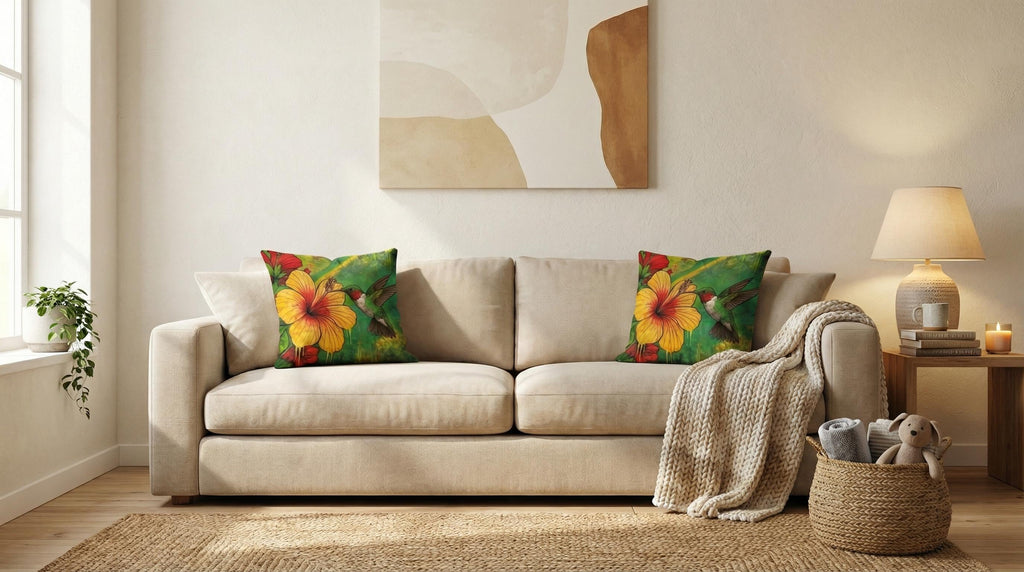 Hummingbird & Hibiscus cushion